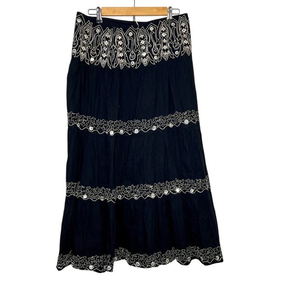 Maxi Skirt Embroidered Gypsy Boho Artsy Black Nature Flowy Coastal Lagom Size 8 - Picture 2 of 11